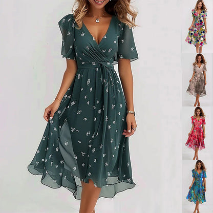Loom & Soul™ Vestido floral de chifón – Vestido midi elegante de verano con cuello en V y manga corta para mujer