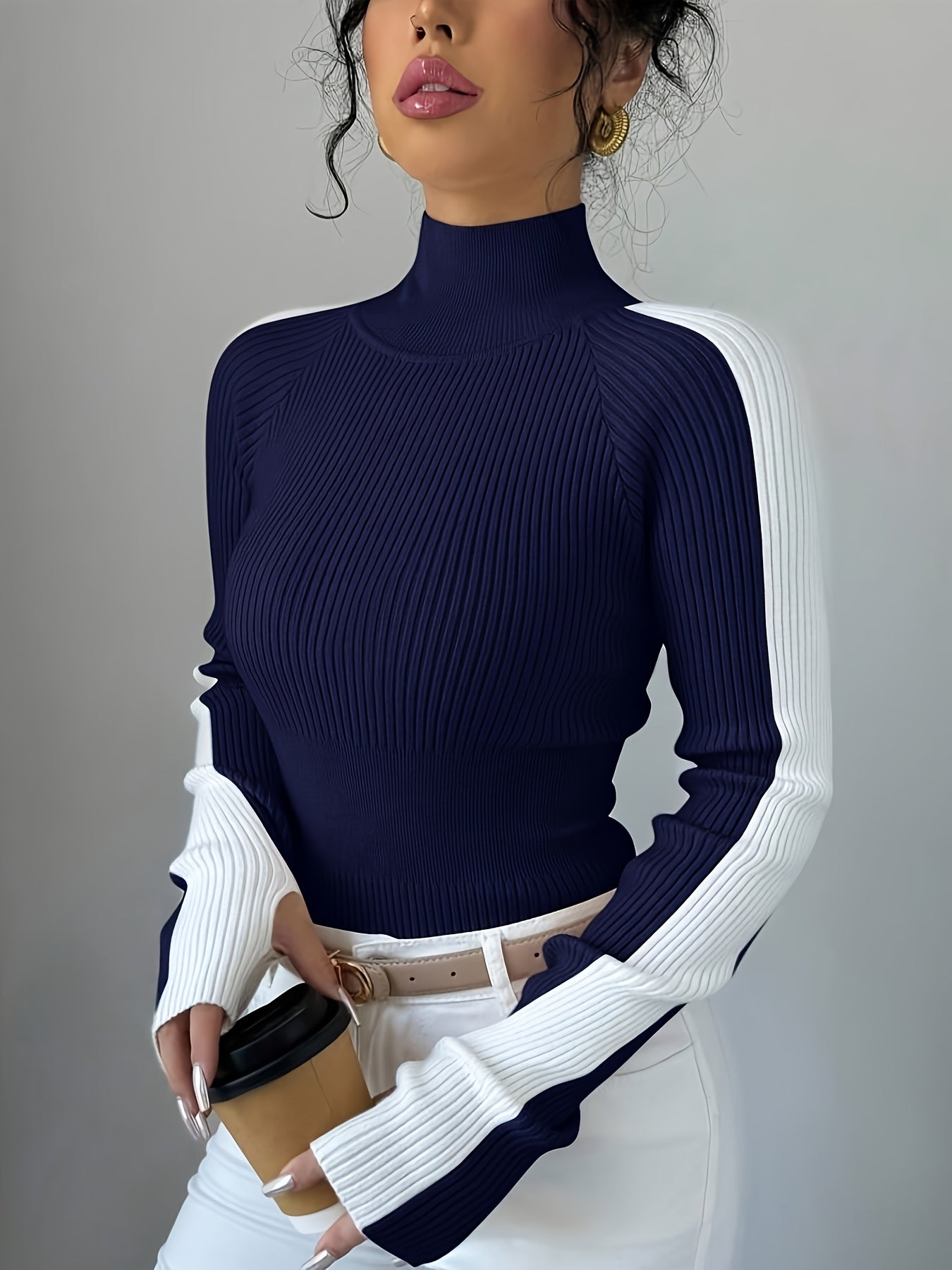 Suéter de cuello alto color block para mujer - Blusa elegante de punto suave