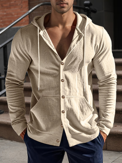 Chemise à Capuche à Manches Longues en Lin pour Homme – Décontractée Boutonnée avec Poche