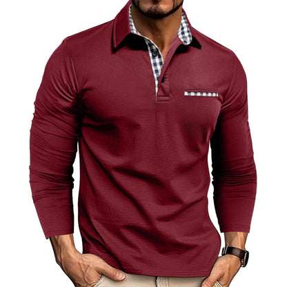 Loom & Soul™ Polo de hombre de manga larga con retales de cuadros y color liso - Casual