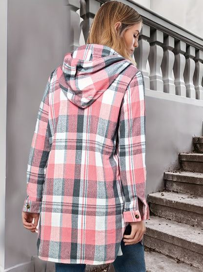 Sudadera retro de cuadros con capucha para mujer – Cárdigan largo de otoño con botones