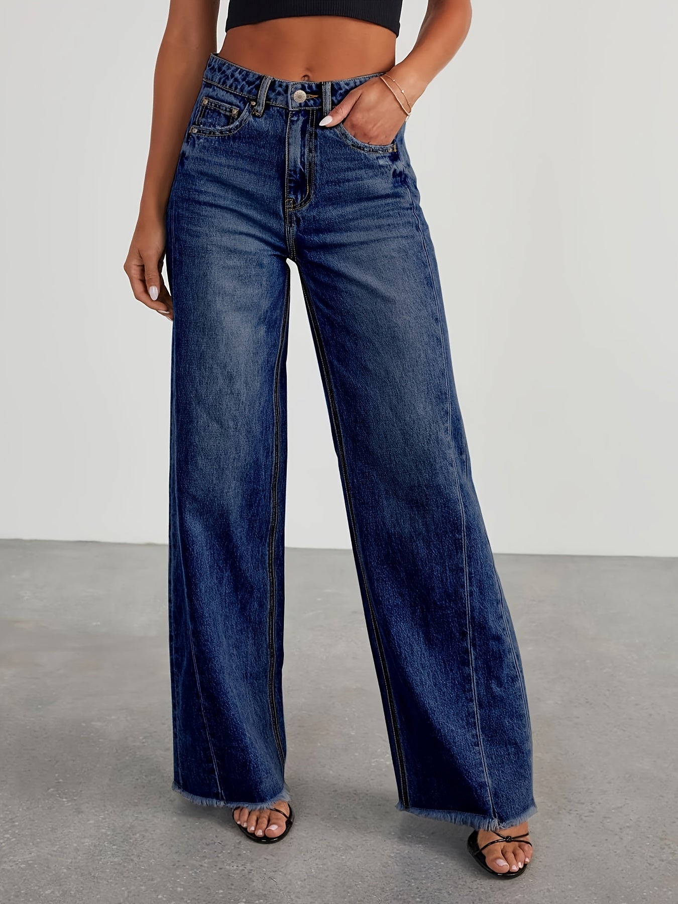 Pantalones vaqueros de mujer de talle alto y pernera ancha – Vaqueros elásticos informales holgados