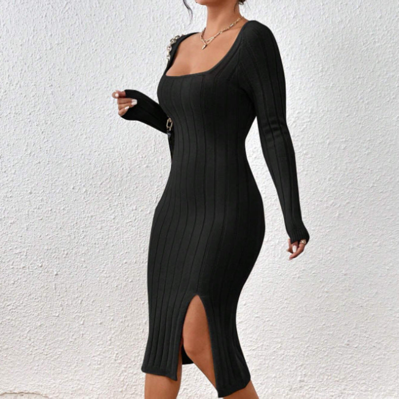 Vestido Midi de Punto con Cuello Cuadrado – Vestido Elegante Geométrico de Manga Larga