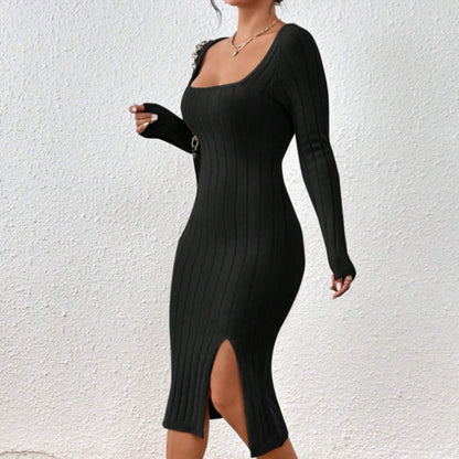 Vestido Midi de Punto con Cuello Cuadrado – Vestido Elegante Geométrico de Manga Larga