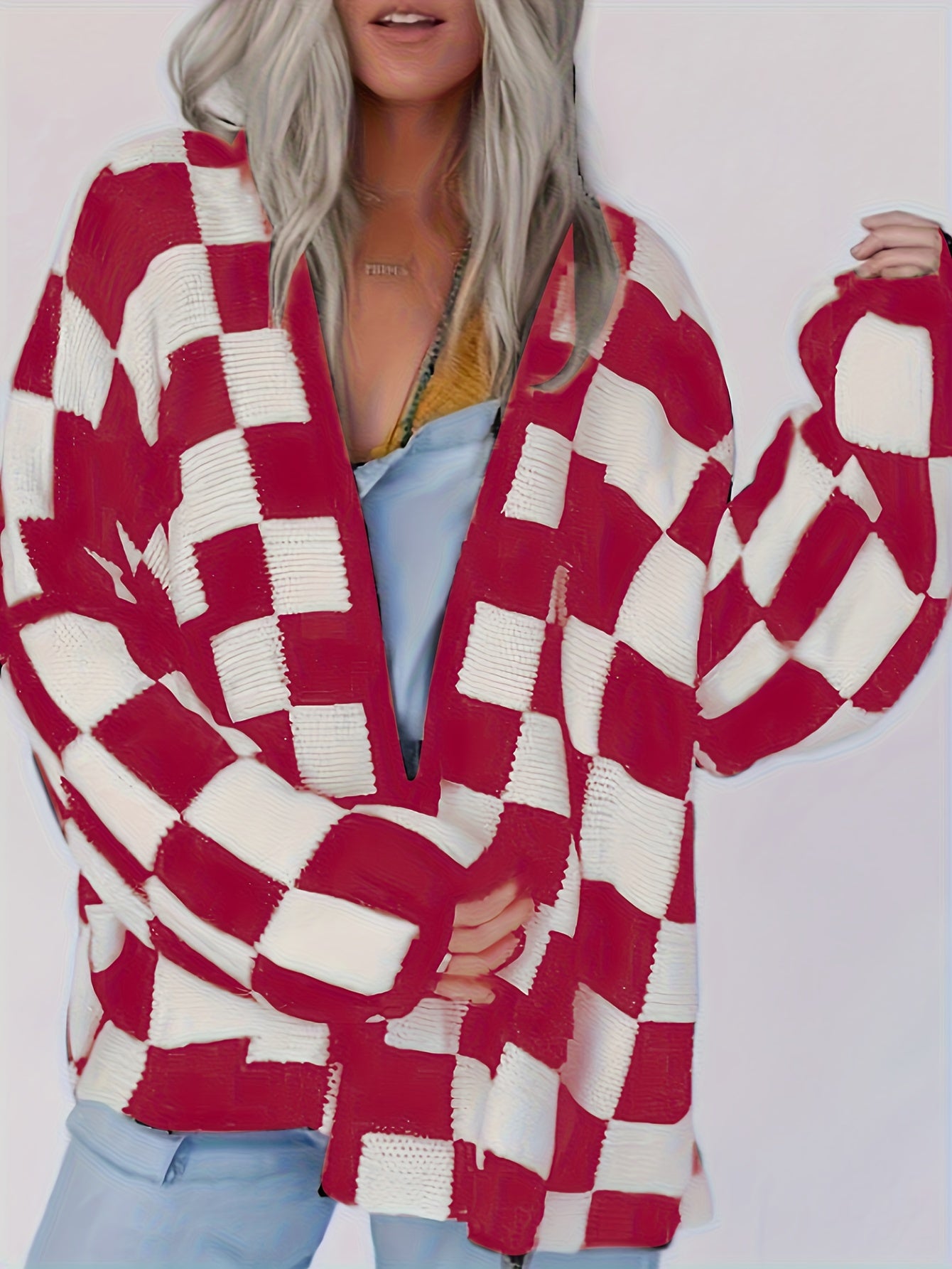 Cárdigan de guinga roja y blanca – Suéter de punto acogedor para mujer para otoño/invierno