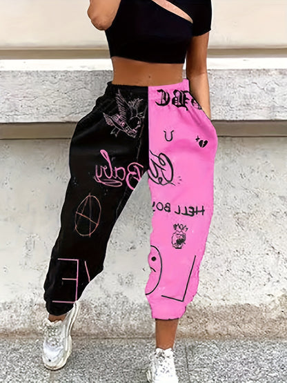Pantalones deportivos color block para mujer – Streetwear informal de corte holgado