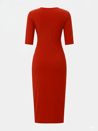 Vestido midi ajustado con cuello barco – Vestido elegante de manga corta con corte entallado
