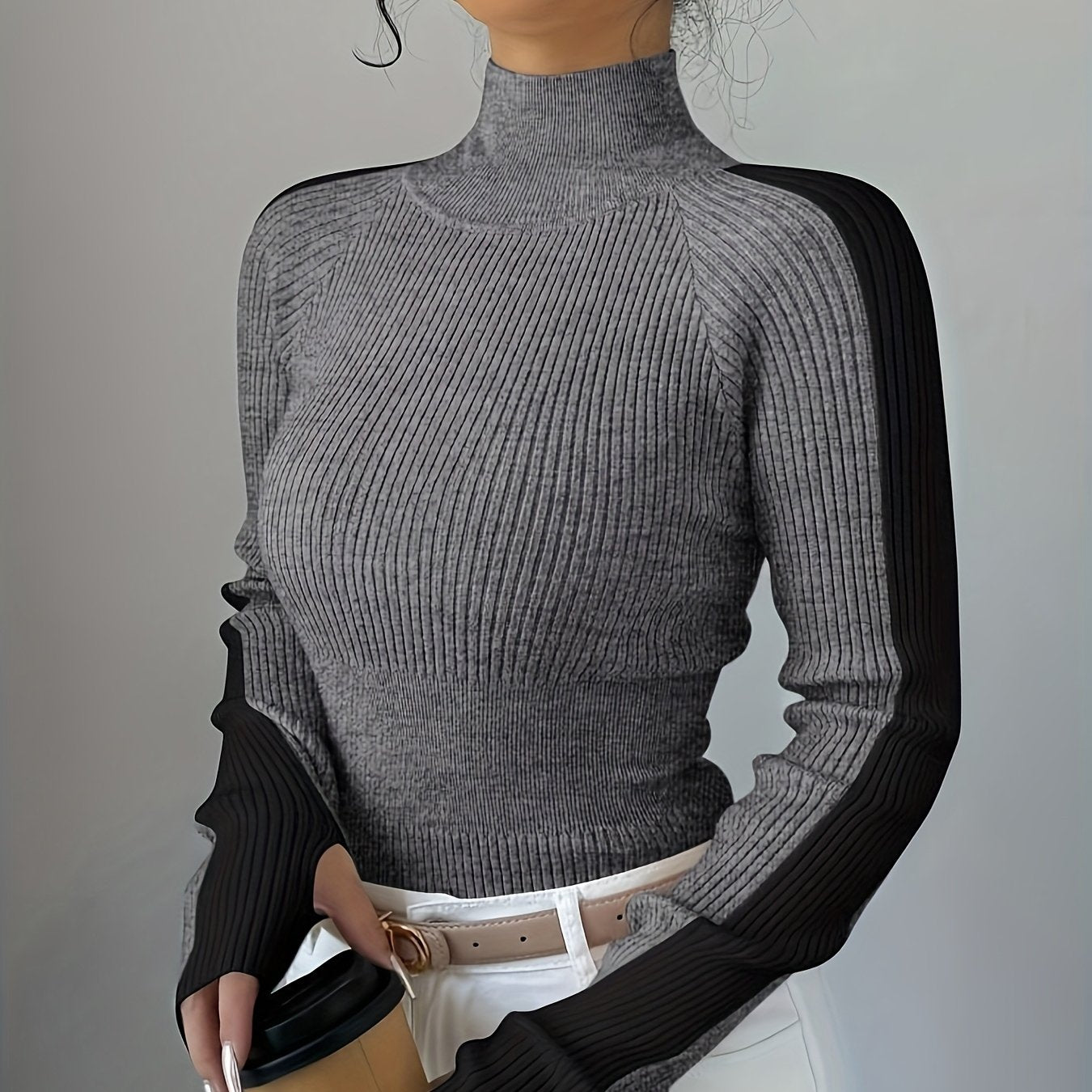 Suéter de cuello alto color block para mujer - Blusa elegante de punto suave