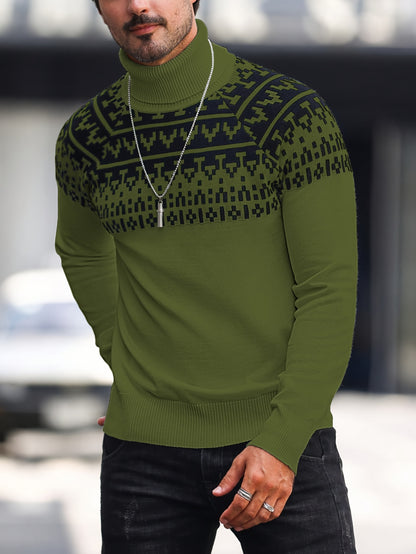 Men’s Geometric Turtleneck Sweater – Casual Knit Pullover for Fall & Winter