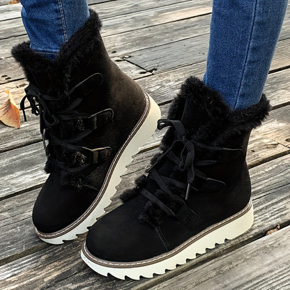 Bottes d'hiver élégantes à lacets pour femme – Chaussures chaudes mi-mollet en fausse fourrure pelucheuse