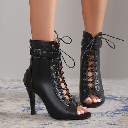 Loom & Soul™ Tacones altos con punta abierta – Sandalias de mujer con cordones, hebilla y cremallera trasera