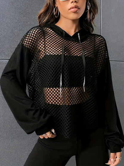 Camiseta de manga larga con capucha de malla Y2K – Top de calle transparente con contraste para mujer