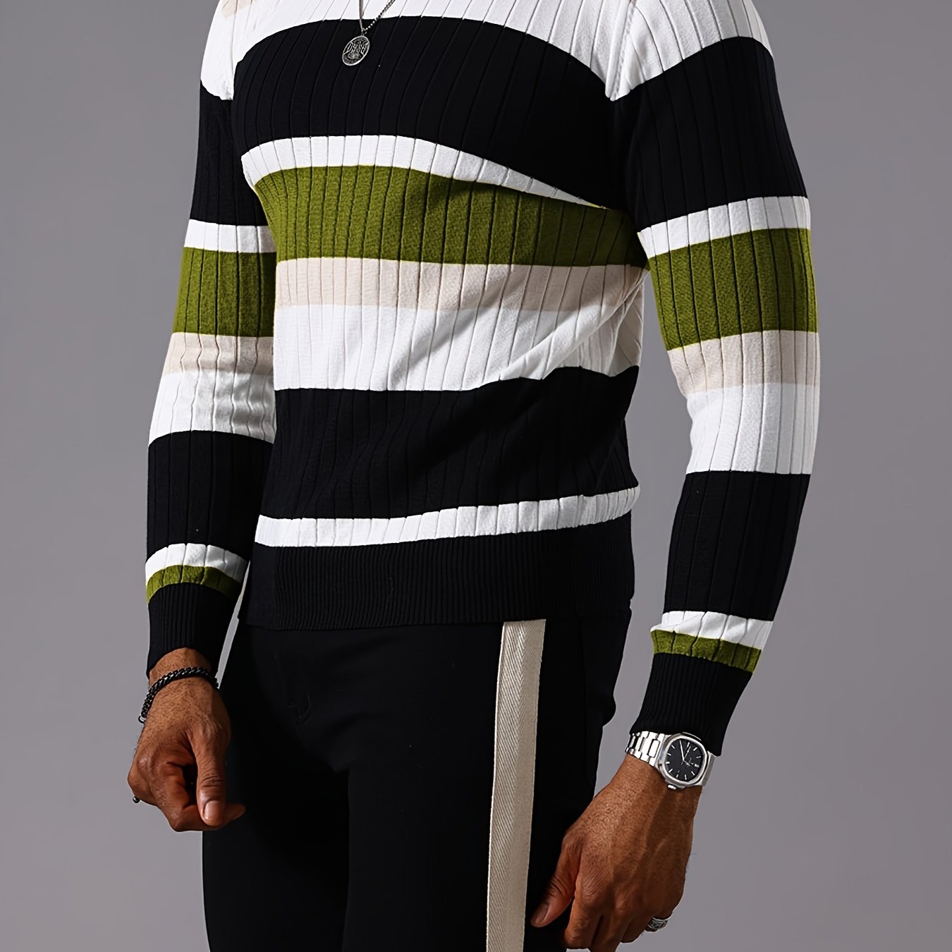 Pull rayé en tricot côtelé pour homme – Pull Color Block Automne Hiver