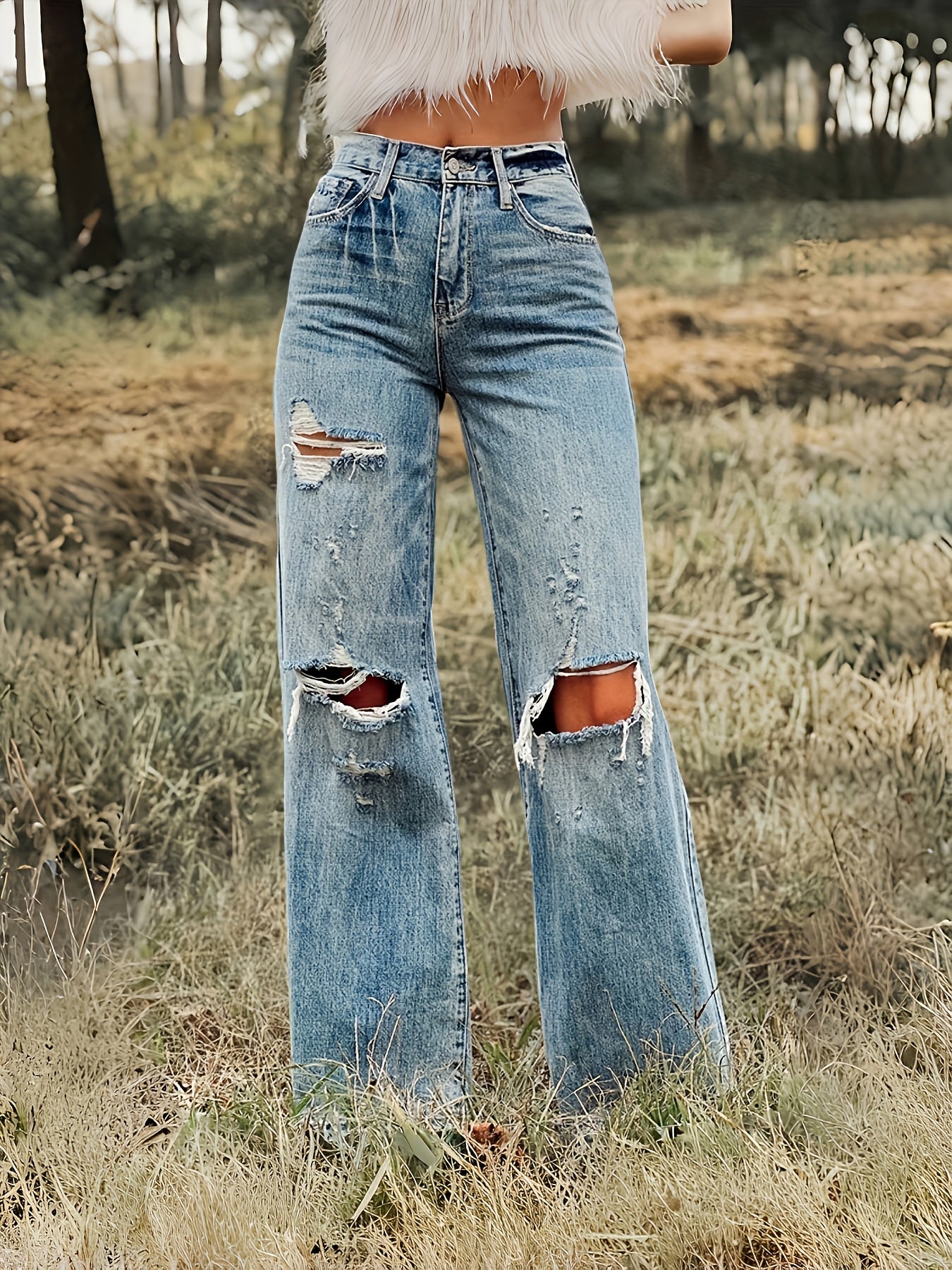 Jean droit taille haute déchiré – Jean stretch coupe urbaine