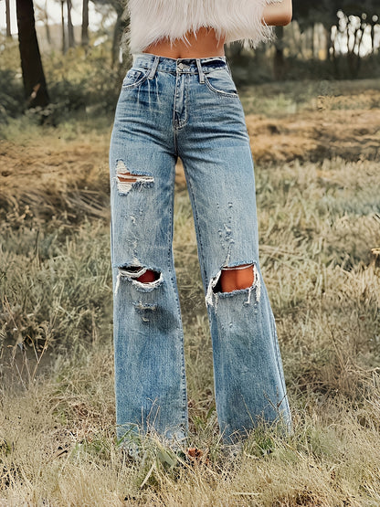 Jean droit taille haute déchiré – Jean stretch coupe urbaine