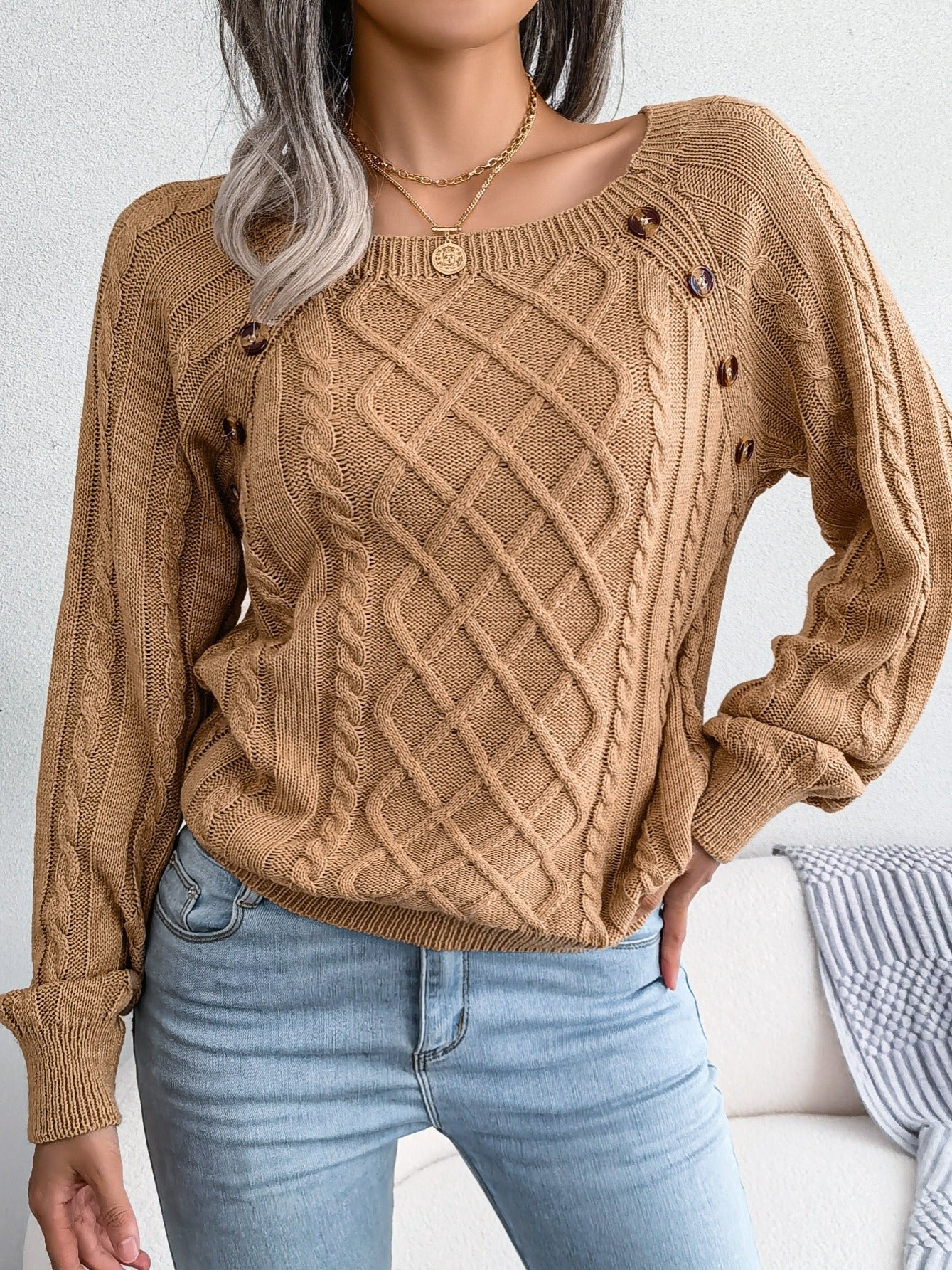 Jersey texturizado de mujer con manga farol – Top de punto con detalles de botones