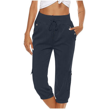 Loom & Soul™ Pantalon Cargo Cropped Femme – Mélange Coton-Lin avec Poches pour un Style Quotidien Sans Effort