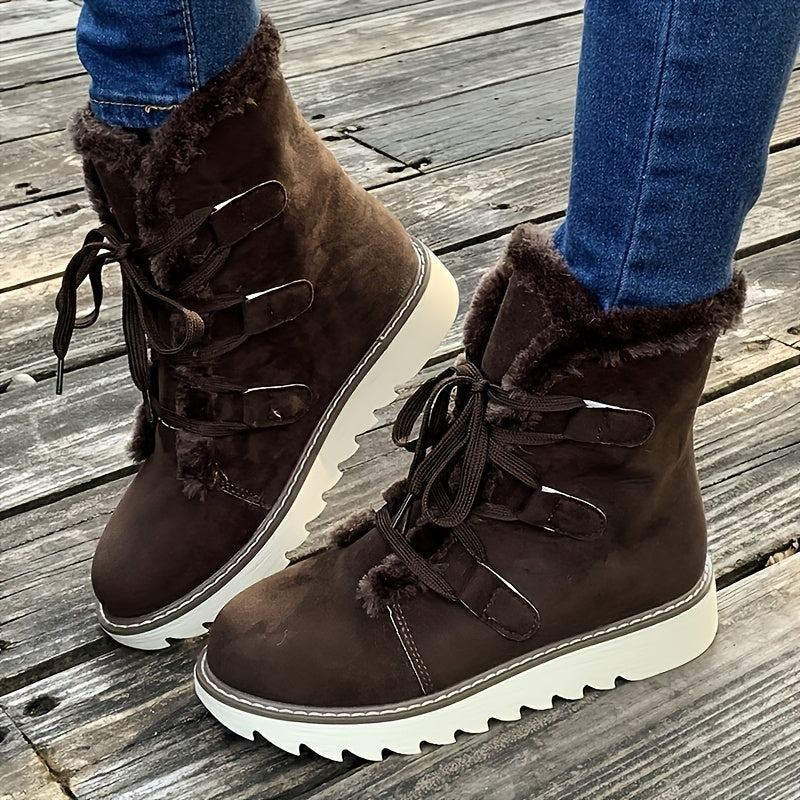 Bottes d'hiver élégantes à lacets pour femme – Chaussures chaudes mi-mollet en fausse fourrure pelucheuse