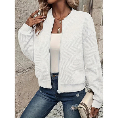 Chaqueta bomber texturizada de Loom & Soul para mujer – Abrigo de moda de otoño con cuello alto y cremallera | Ropa de abrigo informal, ligera y elegante