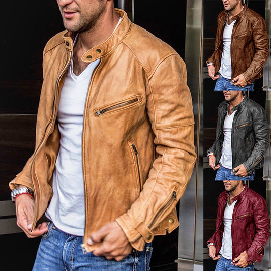 Chaqueta de cuero PU punk para hombre – Abrigo de motorista informal con cuello alto