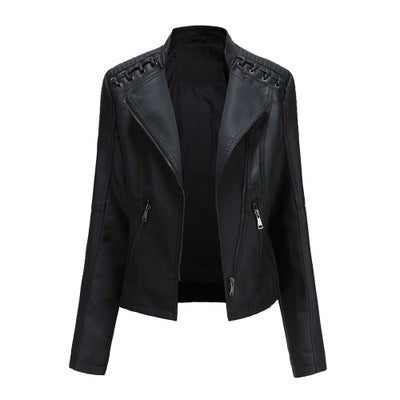 Loom & Soul™ Women’s Slim PU Leather Moto Jacket – Short Lapel Biker Coat for Chic Everyday Confidence