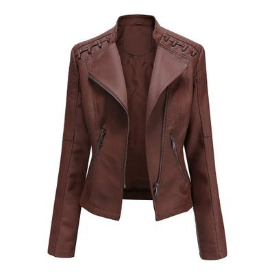 Loom & Soul™ Women’s Slim PU Leather Moto Jacket – Short Lapel Biker Coat for Chic Everyday Confidence