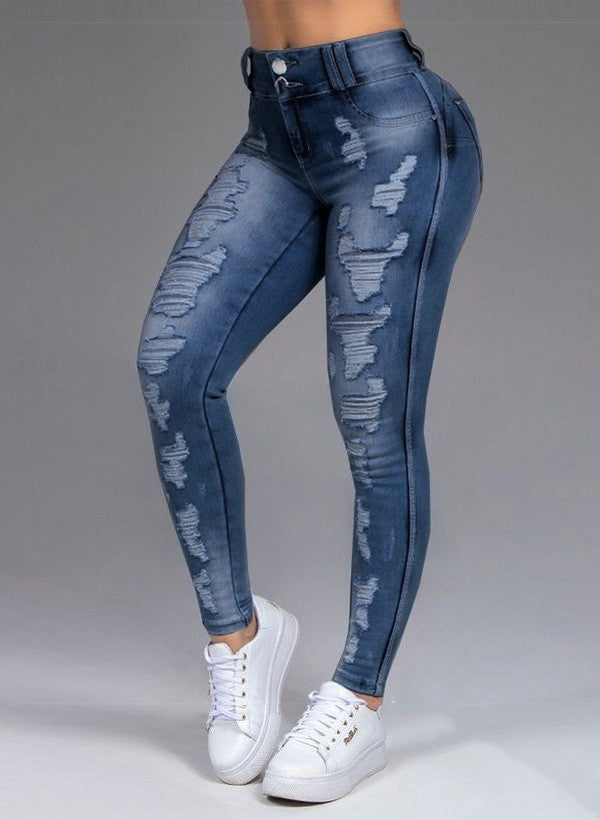 Loom & Soul™ Jeans elásticos rasgados – Pantalones de mezclilla rectos ajustados para mujer