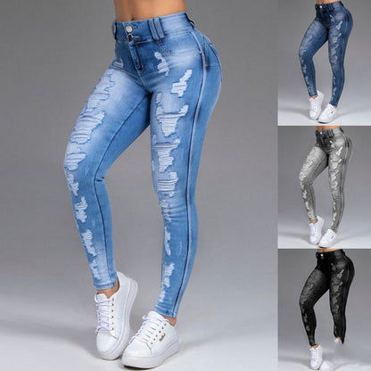 Loom & Soul™ Jeans elásticos rasgados – Pantalones de mezclilla rectos ajustados para mujer