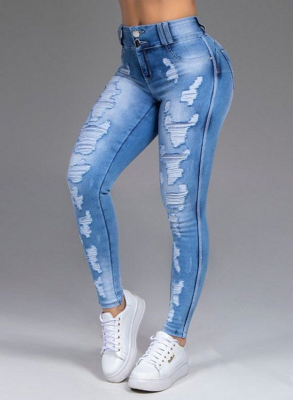 Loom & Soul™ Jeans elásticos rasgados – Pantalones de mezclilla rectos ajustados para mujer