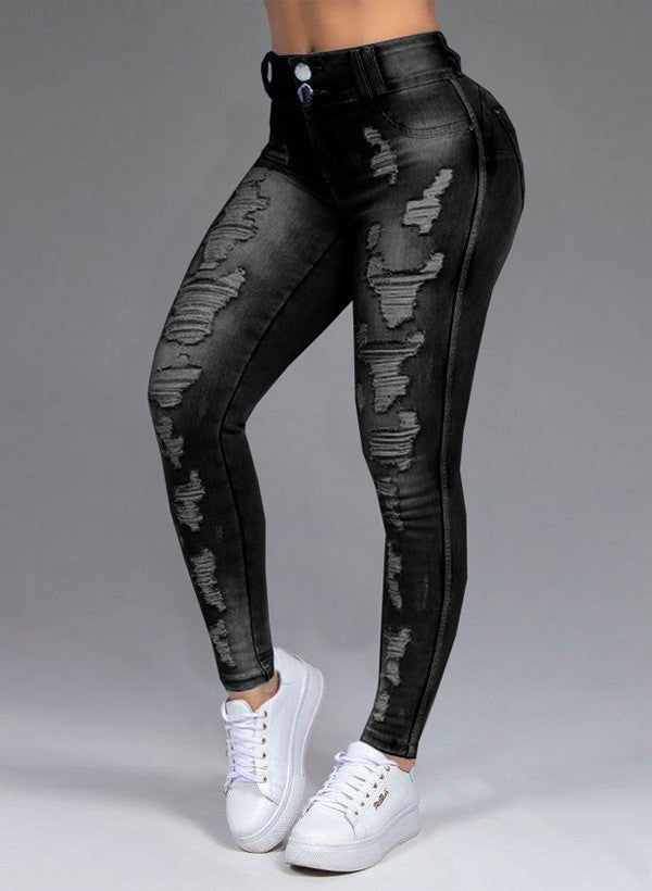 Loom & Soul™ Jeans elásticos rasgados – Pantalones de mezclilla rectos ajustados para mujer