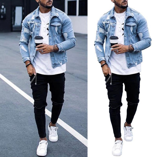 Chaqueta vaquera rota para hombre – Estilo urbano hip-hop de corte desgastado