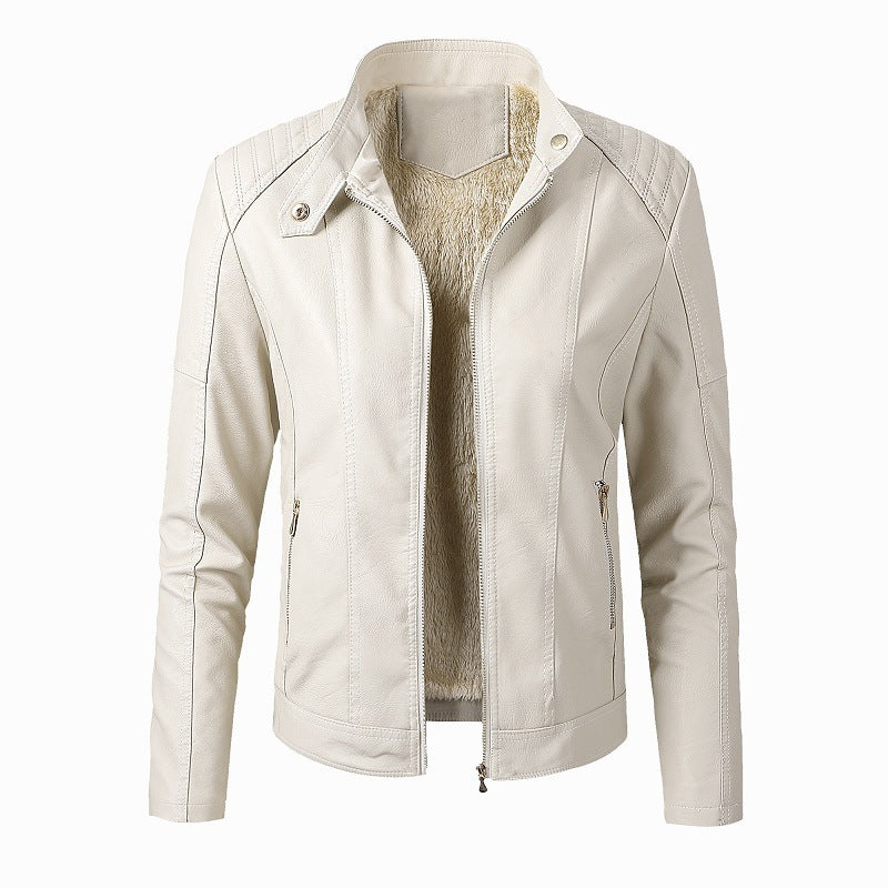 Chaqueta de cuero sintético Loom & Soul™ para mujer – Abrigo de moda forrado de terciopelo con cuello alto para un estilo invernal elegante