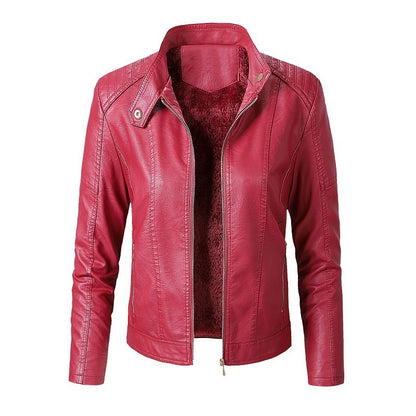 Chaqueta de cuero sintético Loom & Soul™ para mujer – Abrigo de moda forrado de terciopelo con cuello alto para un estilo invernal elegante