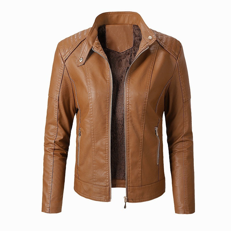 Chaqueta de cuero sintético Loom & Soul™ para mujer – Abrigo de moda forrado de terciopelo con cuello alto para un estilo invernal elegante