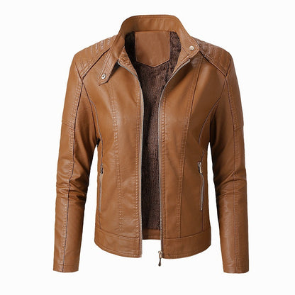 Chaqueta de cuero sintético Loom & Soul™ para mujer – Abrigo de moda forrado de terciopelo con cuello alto para un estilo invernal elegante