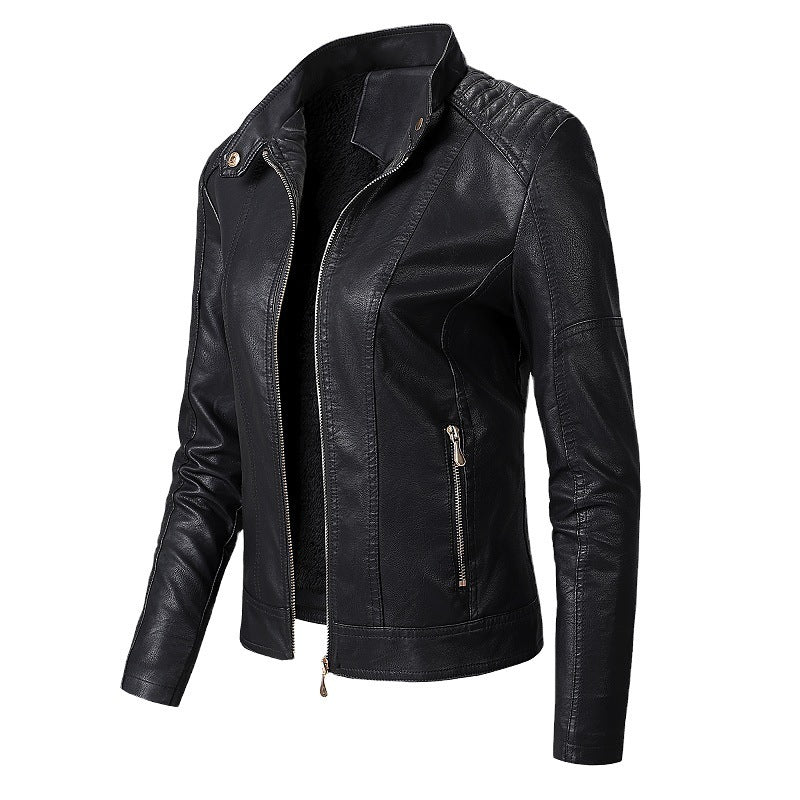 Chaqueta de cuero sintético Loom & Soul™ para mujer – Abrigo de moda forrado de terciopelo con cuello alto para un estilo invernal elegante