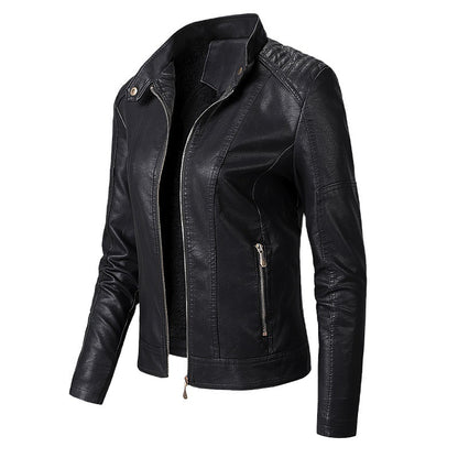 Chaqueta de cuero sintético Loom & Soul™ para mujer – Abrigo de moda forrado de terciopelo con cuello alto para un estilo invernal elegante