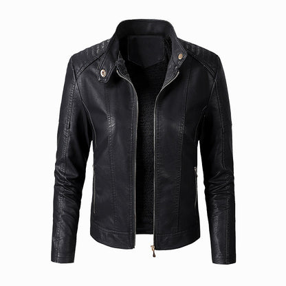 Chaqueta de cuero sintético Loom & Soul™ para mujer – Abrigo de moda forrado de terciopelo con cuello alto para un estilo invernal elegante