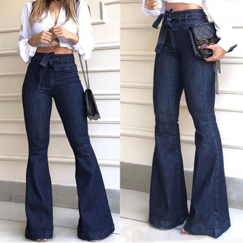 Pantalones vaqueros acampanados de tiro alto con cordones y encaje Loom & Soul para mujer