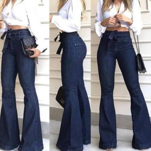 Pantalones vaqueros acampanados de tiro alto con cordones y encaje Loom & Soul para mujer