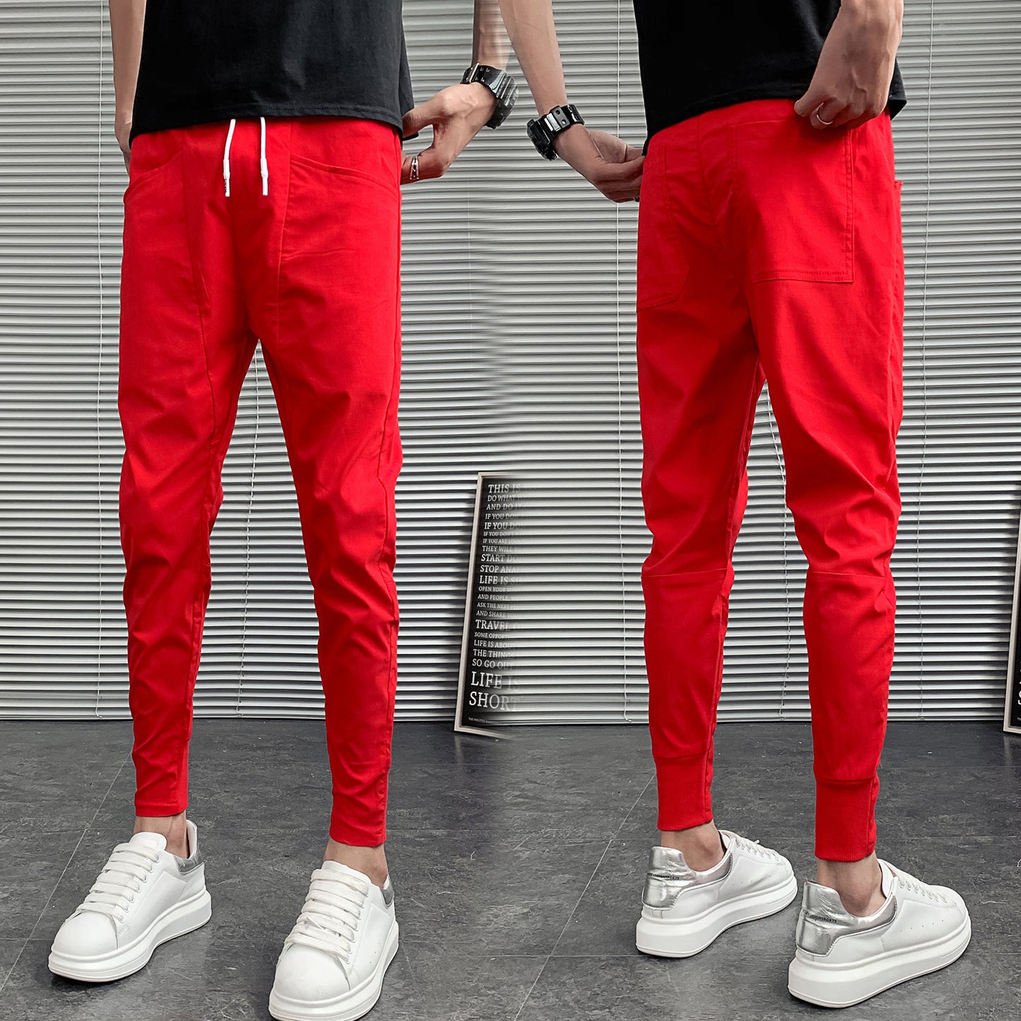 Loom & Soul Slim Harlan Trousers – Solid Color Mid-Waist Pants with Adjustable Drawstring and Soft Polyester Fabric