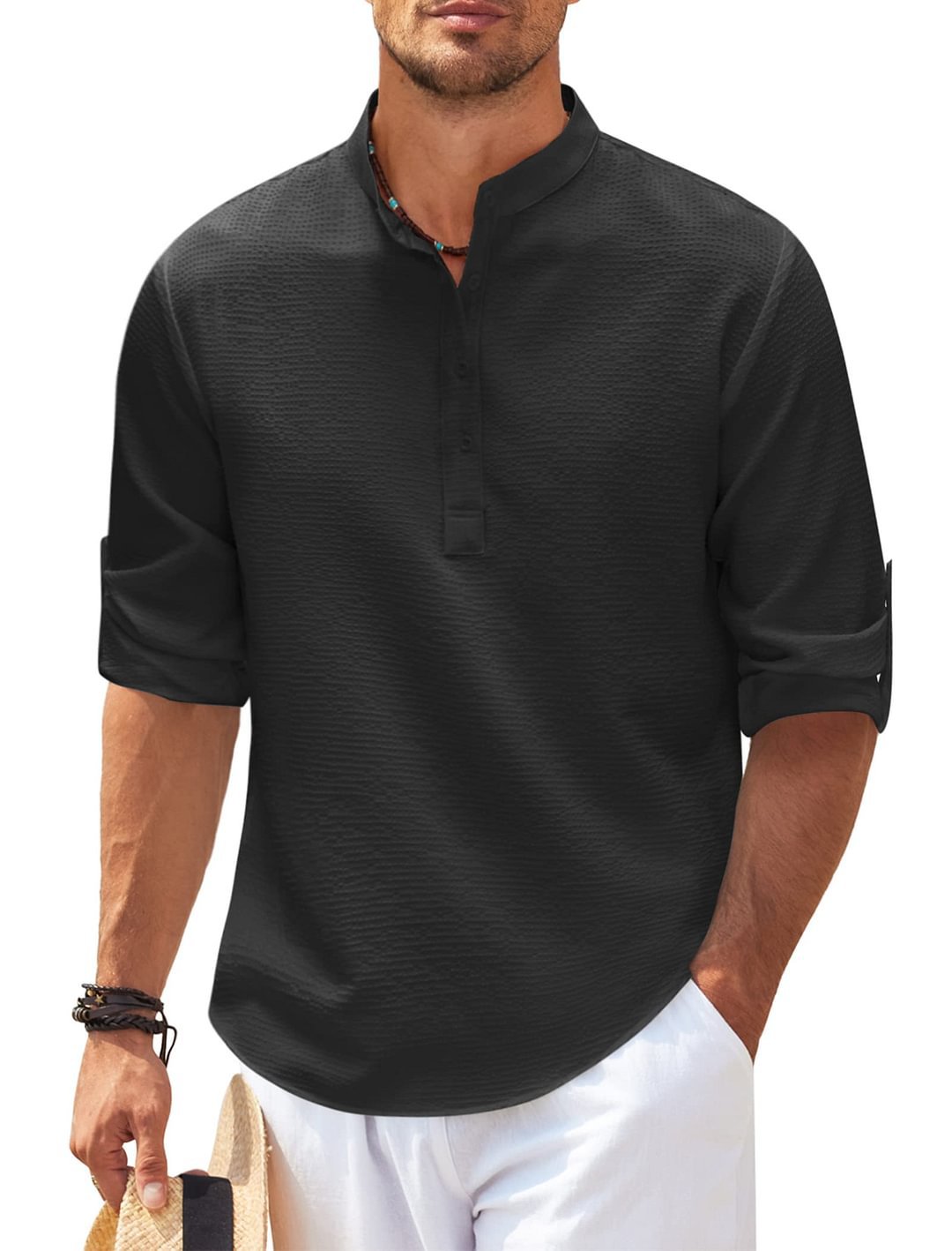 Camisa de hombre de manga larga con cuello alto – Jersey informal de corte holgado
