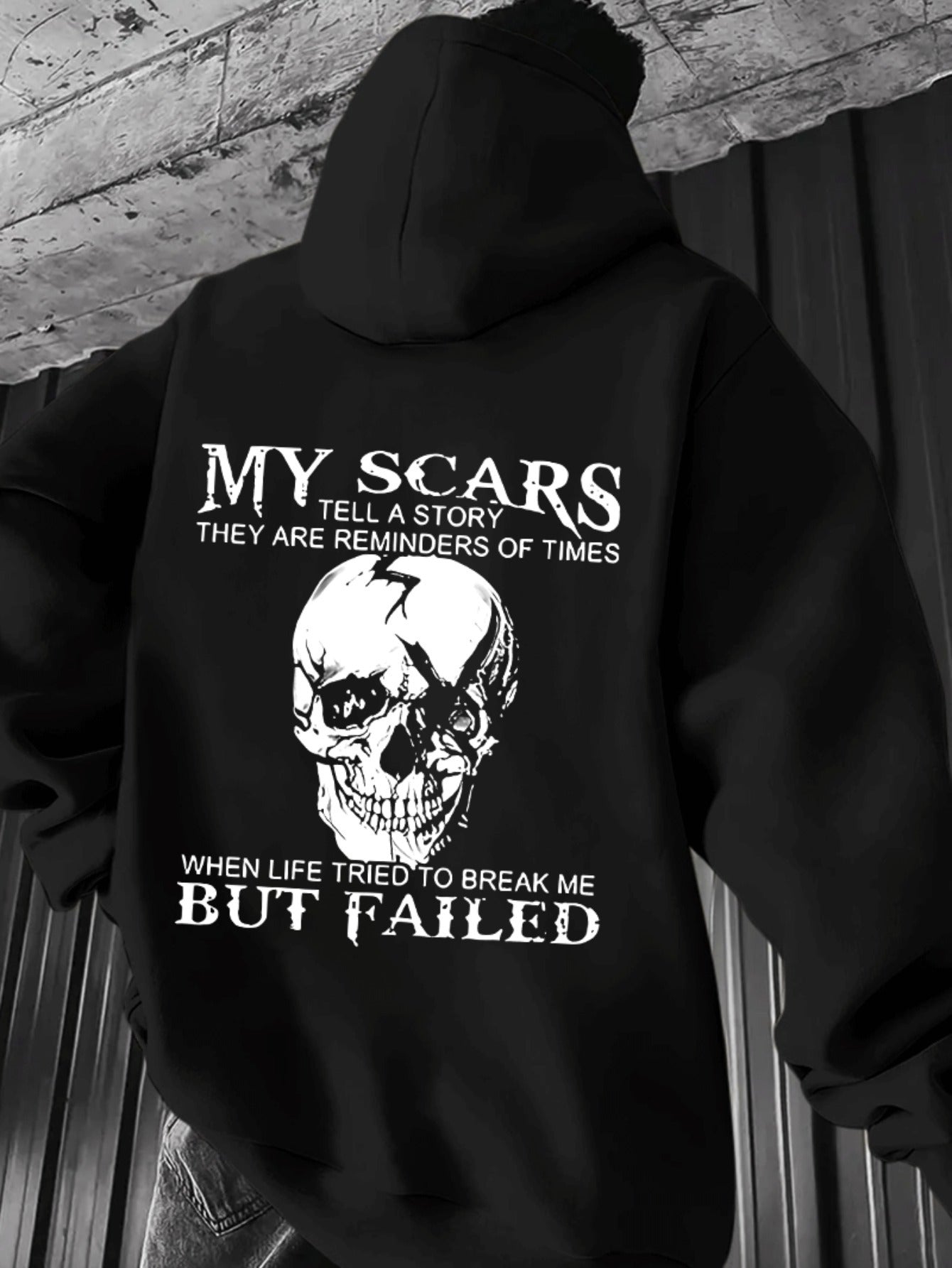 Sweat à capuche homme « My Scars Tell a Story » – Imprimé tête de mort au dos, motivation