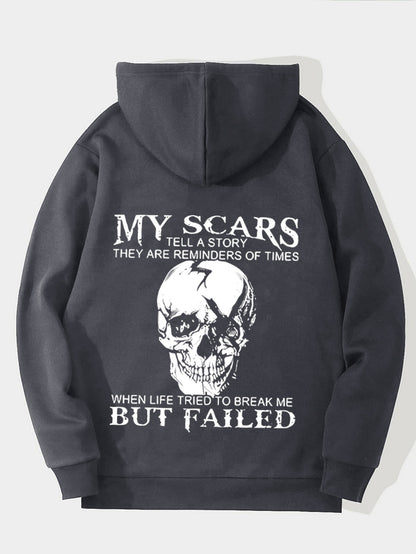 Sweat à capuche homme « My Scars Tell a Story » – Imprimé tête de mort au dos, motivation