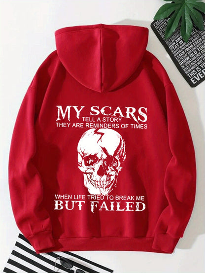 Sweat à capuche homme « My Scars Tell a Story » – Imprimé tête de mort au dos, motivation