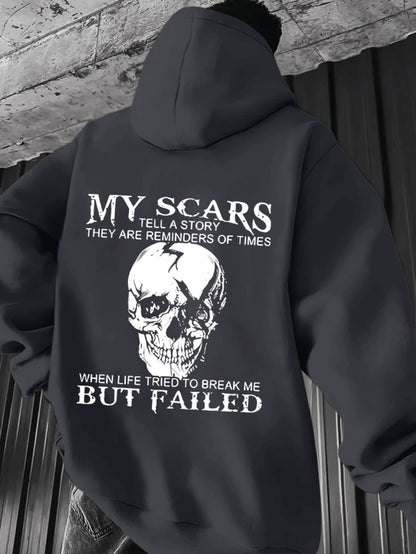 Sweat à capuche homme « My Scars Tell a Story » – Imprimé tête de mort au dos, motivation