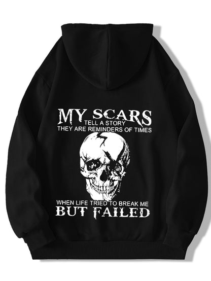 Sweat à capuche homme « My Scars Tell a Story » – Imprimé tête de mort au dos, motivation
