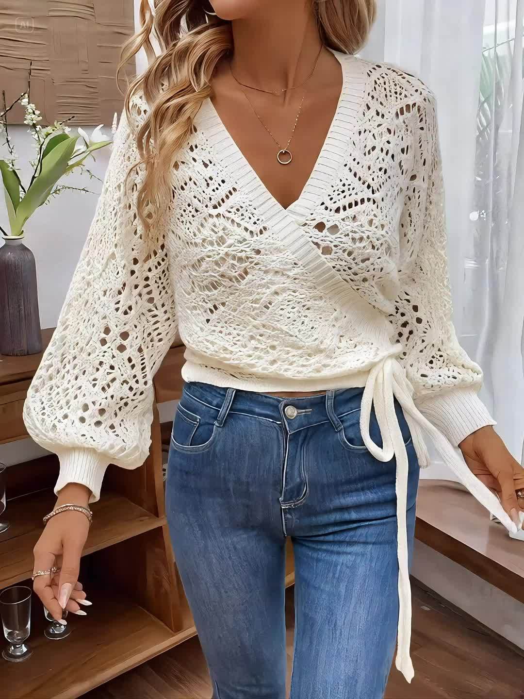 Elegante suéter de cuello en V con mangas farol – Suéter ligero para todas las estaciones