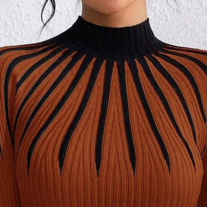 Suéter de punto de cuello alto ajustado para mujer – Manga larga a rayas acanalado