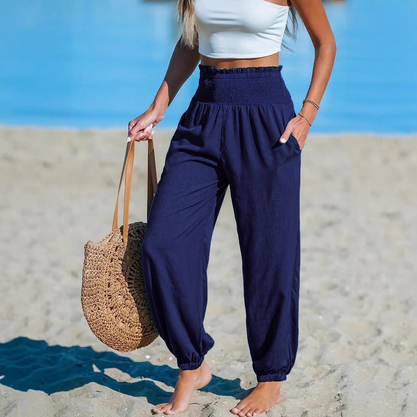 Women’s Ankle-Tie Pants – High Waist Beach Casual Fit